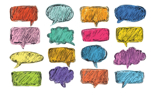 Collection de bulles de dialogue aux couleurs vives et textur&eacute;es, id&eacute;ales pour la communication et les id&eacute;es.
