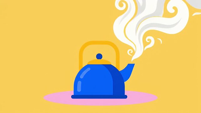 Graphic blue kettle boiling water with steam illustration