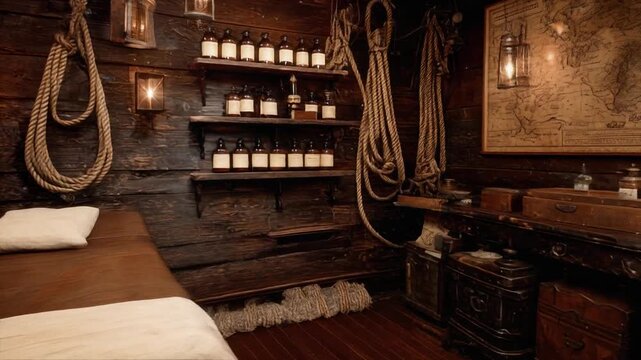A dimly lit, old-style room with wooden walls, bed, and shelves holding bottles, ropes and a map