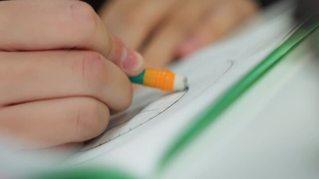 closeup of student erasing pencil sketch, green notebook edge visible, small hands gripping eraser pencil, soft graphite marks smudged away, quiet concentration during study session