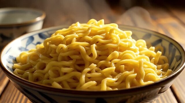 Steaming yellow noodles pile up in a decorative bowl on a wooden table