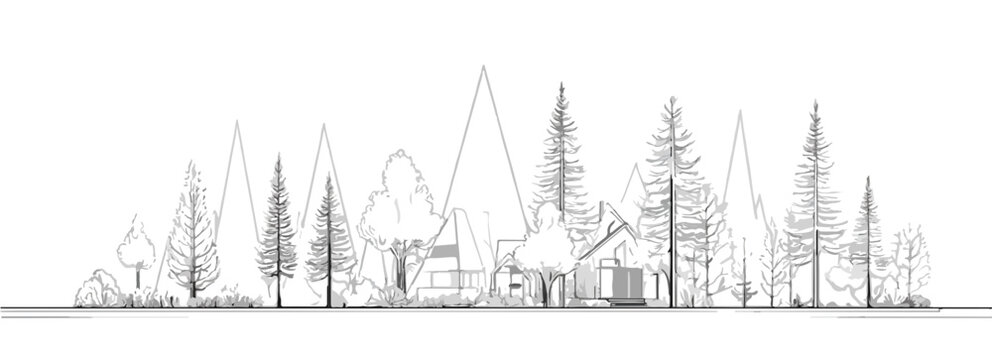 Paysage de for&ecirc;t stylis&eacute; avec des arbres, des montagnes et des cabanes, dessin au trait sur fond transparent.
