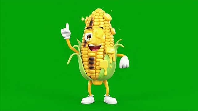 Animated character resembling a cheerful anthropomorphic corn cob with expressive eyes and a wide smile, dancing and playing with popcorn on a vibrant green background, creating a fun and lively.