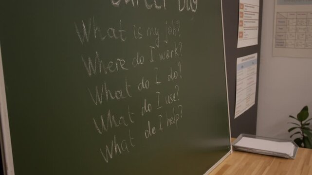 Close up shot of words Career day and list of questions written on blackboard in school classroom, no people, copy space