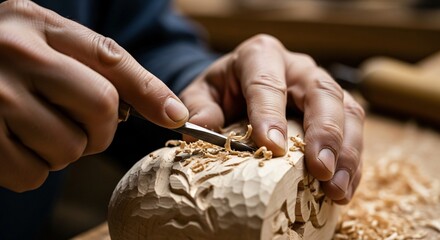Hands meticulously carving intricate details into wood with a chisel