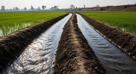 Irrigation channels carve through lush green fields under a clear sky