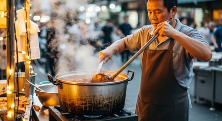 Man cooking at an outdoor street food stall with steam rising