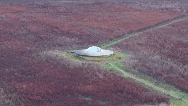 Artillery Turret Protruding in Field Above Eben-Emael Fortress AERIAL