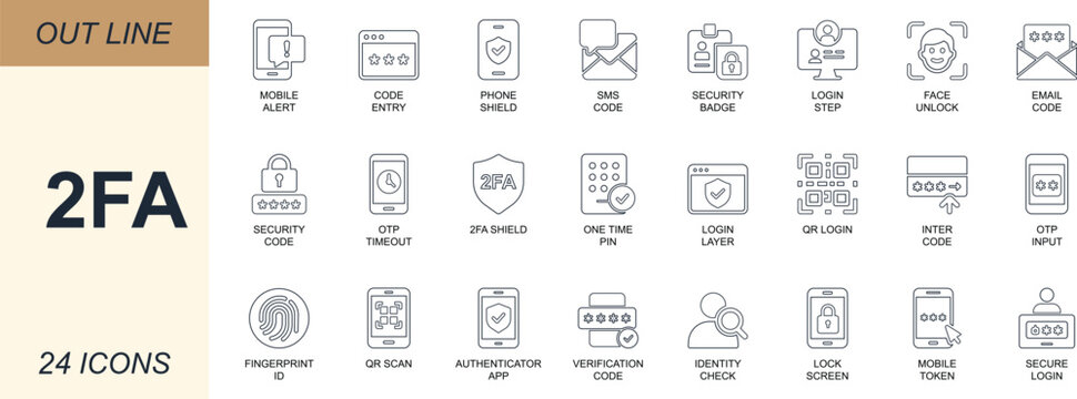  2FA line icon set. Featuring authentication, OTP, secure login, token, fingerprint, code, and identity check. Perfect for UI, apps, fintech, and cybersecurity use.