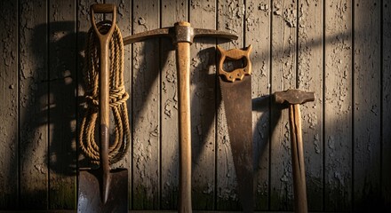 Rustic tools hang against a weathered wooden wall, cast in light
