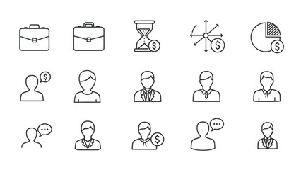 Fototapeta na wymiar Collection of line icons illustrating business professionals, meetings, and scheduling concepts.