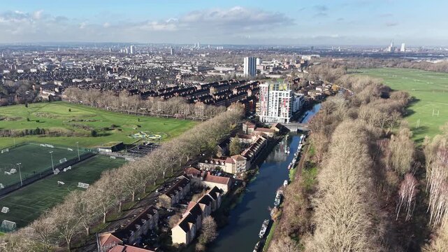 River lea East London boats moored drone,aerial