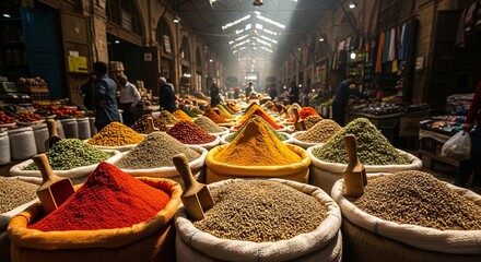 Vibrant market stalls piled high with colorful spices under sunlight