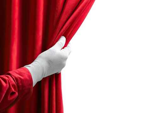 Hand in white glove opening a red velvet curtain to reveal black space
