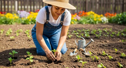 Woman planting seedlings in a sunny garden with flowers