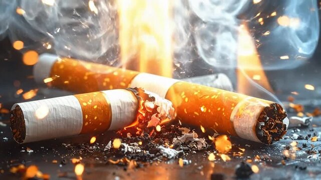 Close-up of burning cigarettes with smoke and ashes on a dark background.