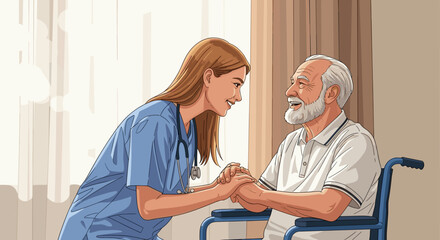 Obraz premium vector healthcare of a compassionate female nurse comforting an elderly man in a wheelchair by holding his hands, providing emotional support and care.