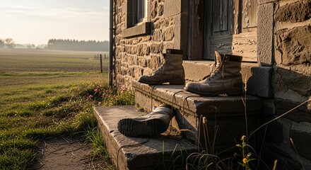 Worn work boots rest on stone steps at sunrise, rural field beyond