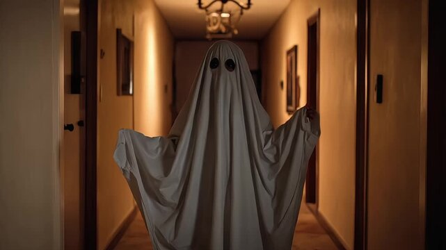 Child in ghost costume stands in a dimly lit hallway for Halloween