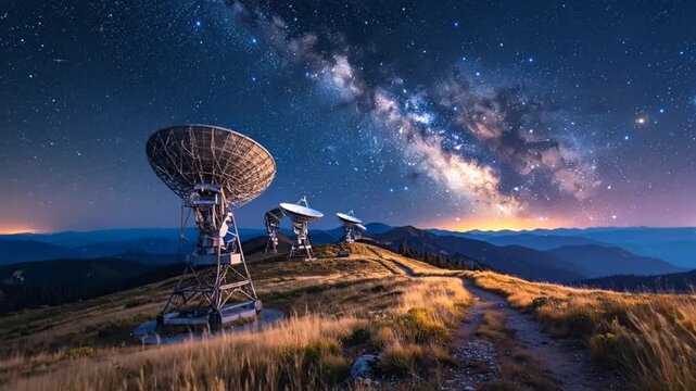Radio telescopes stand silhouetted against a breathtaking night sky filled with stars and the Milky Way.