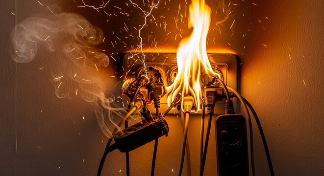 Electrical outlet on fire, sparking, with flames, smoke, and charred components