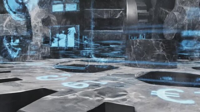 Close-up of a futuristic room with various currency symbols on the floor and abstract digital elements in the background with a dark and technological