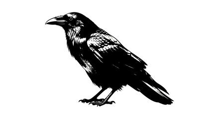 Fototapeta premium Stylized Silhouette of a Raven Perched on a White Background, Dark Graphic Art