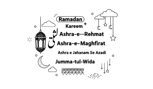 Hand Drawn Ramadan Kareem Urdu Calligraphy Vector with Lantern and Islamic Doodles