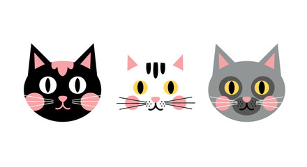 Fototapeta premium Cute Cartoon Cats Faces Collection: Black, White and Grey Kittens with Pink Cheeks