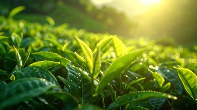 Lush green tea plantation with morning sunlight, creating a serene and vibrant landscape.