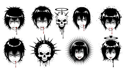 Gothic Anime Style Character Heads with Blood Drips and Skulls - Dark Art Collection