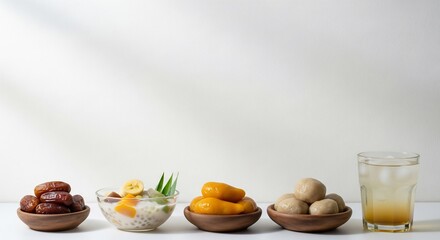 Variety of traditional sweet treats and drinks on wooden bowls and glass