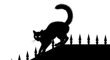 Silhouette of a black cat with glowing eyes on a fence at night © firman