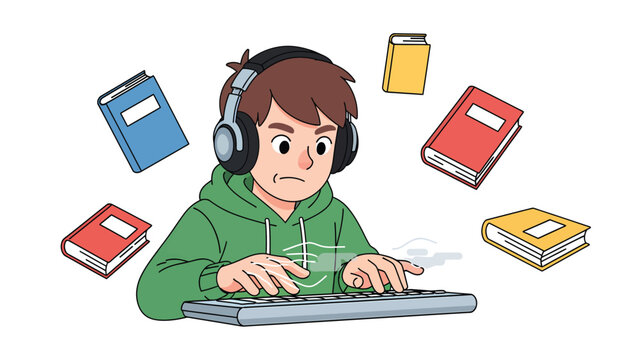Focused young person studying with headphones, typing on keyboard surrounded by floating books. E-learning concept.
