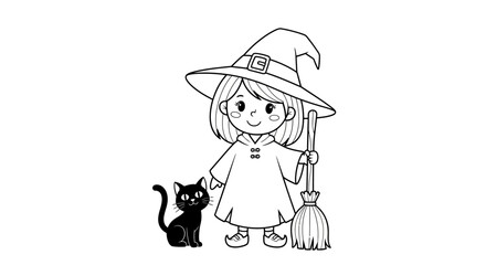 Fototapeta premium Cute Cartoon Witch Girl with Black Cat and Broomstick for Halloween Coloring Page