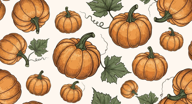 Seamless Pattern of Orange Pumpkins and Green Leaves, Autumn Harvest Theme