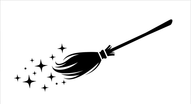 Magical Broom Sweeping Stars and Sparkles on White Background - Cleanliness Concept