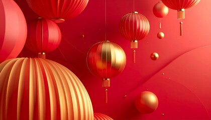 Obraz premium Modern abstract Happy Chinese New Year background, soft 3D gradient spheres in red and gold, subtle lantern-inspired shapes, clean luxury look, soft lighting, futuristic festive design, 