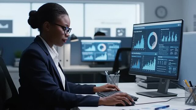 Professional businesswoman analyzing complex data visualizations and market insights on a computer in a modern office, showcasing data-driven business intelligence and strategic decision-making