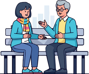 Elderly Couple Talking on Bench isolated on transparent background