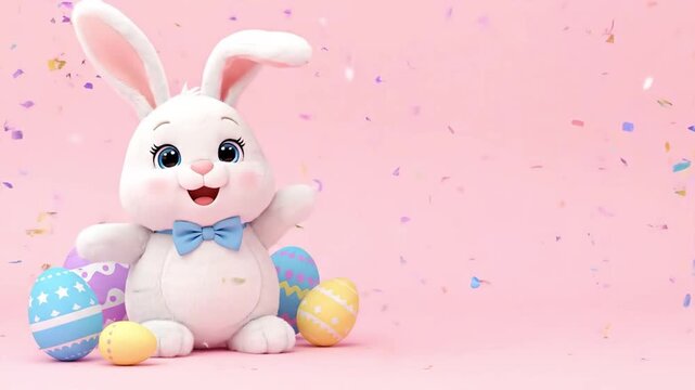 Plush Easter bunny waves happily with colorful eggs and confetti on a bright pink background, symbolizing spring holiday joy
