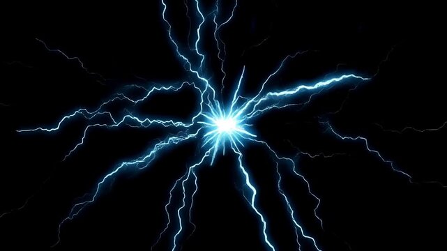 Electric Blue Lightning Bolt Radiates Power Across a Dark Black Canvas, Captured from a Dynamic Perspective