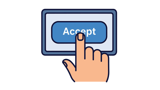 Hand clicking 'Accept' button on a digital interface. User confirmation, agreement, consent, and online interaction concept.