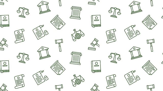 Law seamless pattern, animated green justice and legal icons background, courtroom judge gavel line art seamless loop, video motion graphics texture backdrop