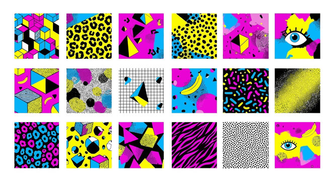 A vibrant collection of 15 retro-inspired graphic patterns featuring geometric shapes, animal prints, and abstract designs in neon colors.