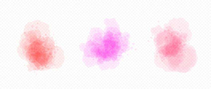Pink, red and purple blobs set in watercolor style. Soft liquid watercolour texture splash effects. Round dry ink or paint brush shape elements. Vector pastel wet color splatters, spots, stains, drops