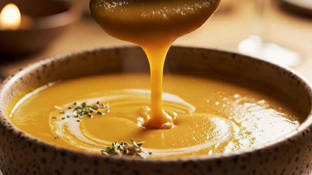 Close-up of creamy, golden soup being scooped from a textured bowl