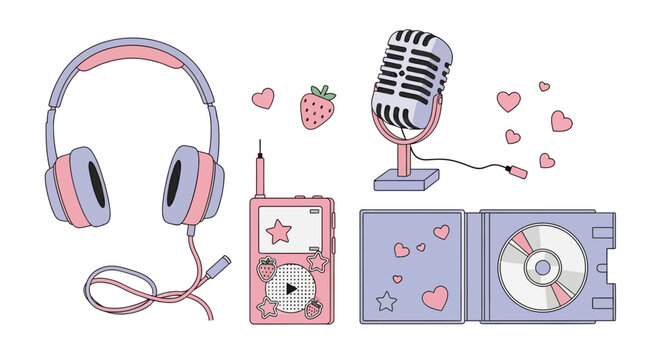 A collection of cute, pastel-colored music-related items including headphones, a portable music player, a microphone, and a CD case.