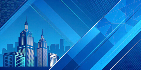 Fototapeta premium Abstract Blue Futuristic Cityscape Background with Geometric Tech Elements, Modern Skyscrapers, and Dynamic Digital Graphic Lines