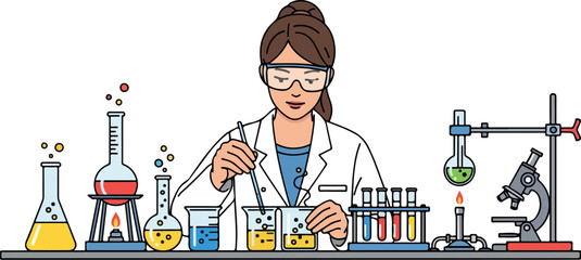 Female Chemist Conducting Experiment isolated on transparent background